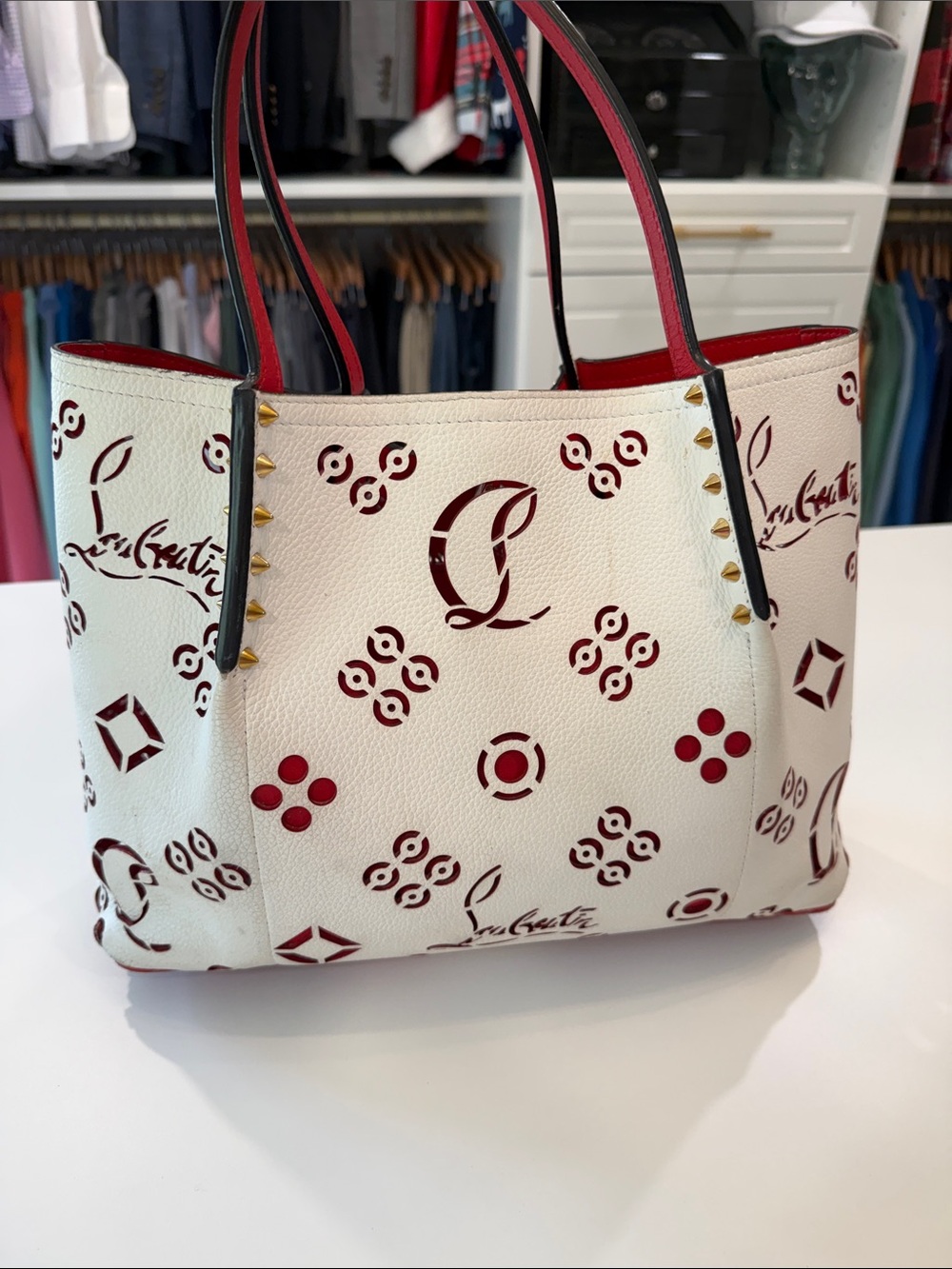 Christian Louboutin Ivory Leather Tote with Red Cutout Motif